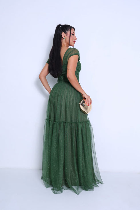 VESTIDO DECOTE TRIANGULO TULE BRILHANTE VESTIDO DE FESTA PETRA FINA